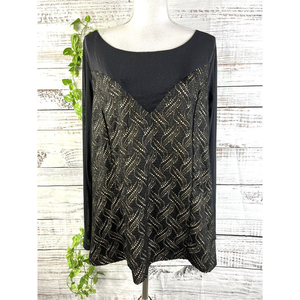 Ashley Stewart Blouse Plus 18 20 Black Gold Mesh Cocktail Evening Wedding Slim